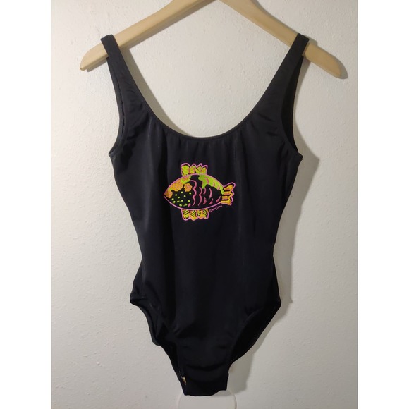 Ken Done Vintage Black Embroidered Fish Scoop Back One Piece Swimsuit 12 - Picture 1 of 9